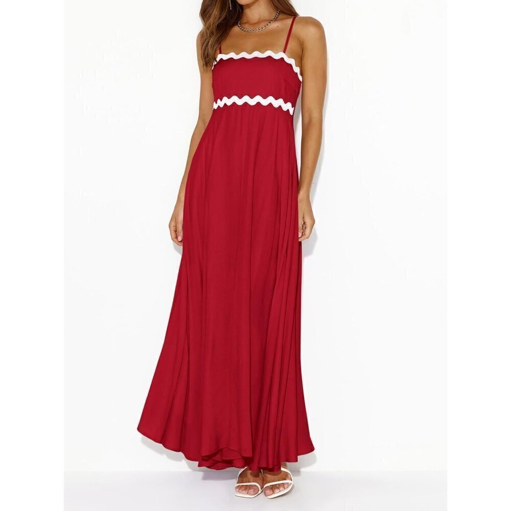 ✨ Prettygarden Maxi Dresses Women Red Spaghetti Strap Long Flowy Beach Sundress - Picture 2 of 5